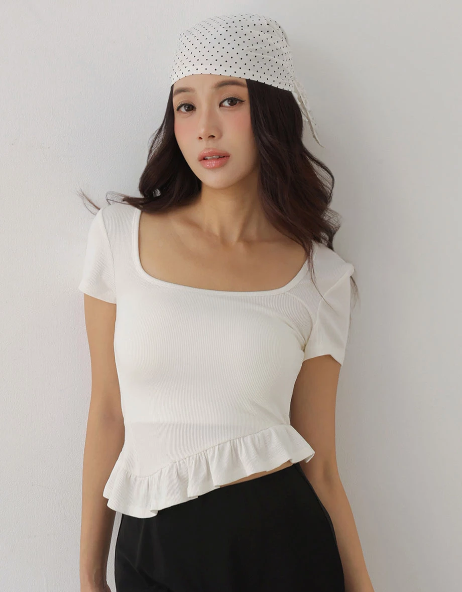 Square Neck Asymmetric Ruffle Hem Ribbed Crop Top - AIR SPACE