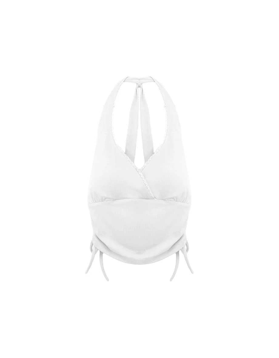 Side Drawstring Halter Wrap Lace Trim Crop Padded Tank Top Side Drawstring Halter Wrap Lace Trim Crop Padded Tank Top