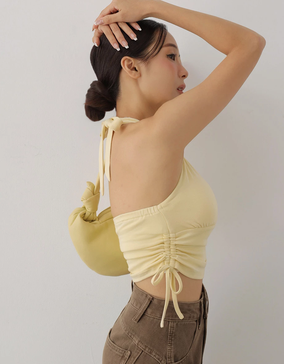 Side Drawstring Halter Wrap Lace Trim Crop Padded Tank Top Side Drawstring Halter Wrap Lace Trim Crop Padded Tank Top