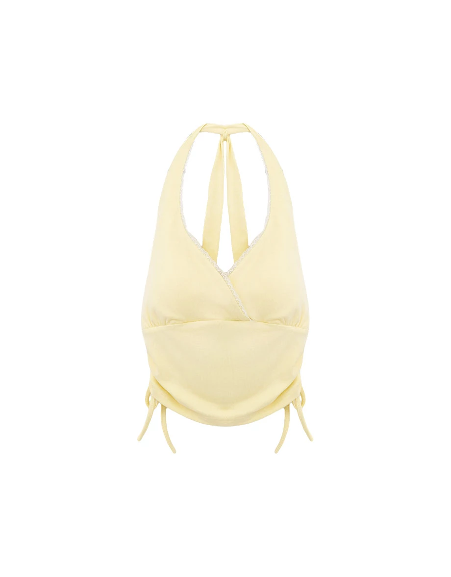 Side Drawstring Halter Wrap Lace Trim Crop Padded Tank Top Side Drawstring Halter Wrap Lace Trim Crop Padded Tank Top