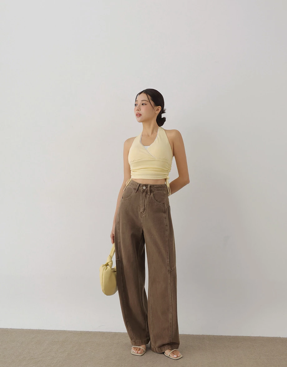 Side Drawstring Halter Wrap Lace Trim Crop Padded Tank Top Side Drawstring Halter Wrap Lace Trim Crop Padded Tank Top