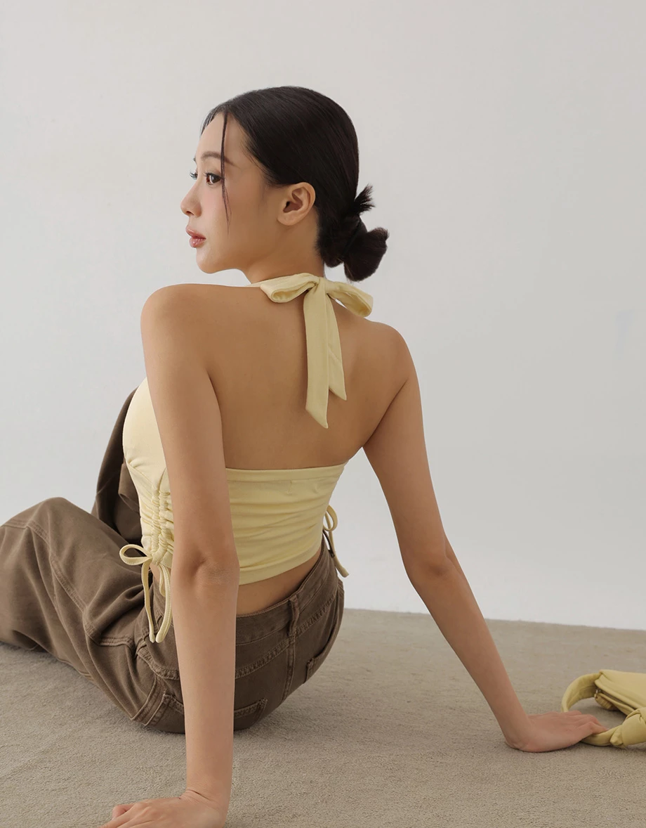 Side Drawstring Halter Wrap Lace Trim Crop Padded Tank Top Side Drawstring Halter Wrap Lace Trim Crop Padded Tank Top