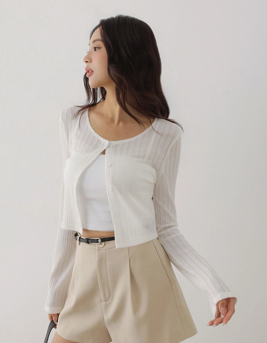 Scalloped Trim Button Up Pointelle Sheer Cardigan Scalloped Trim Button Up Pointelle Sheer Cardigan