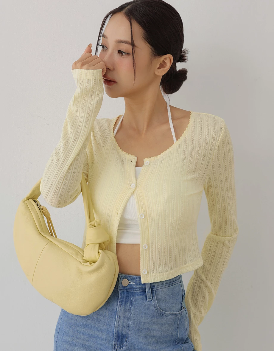 Scalloped Trim Button Up Pointelle Sheer Cardigan Scalloped Trim Button Up Pointelle Sheer Cardigan