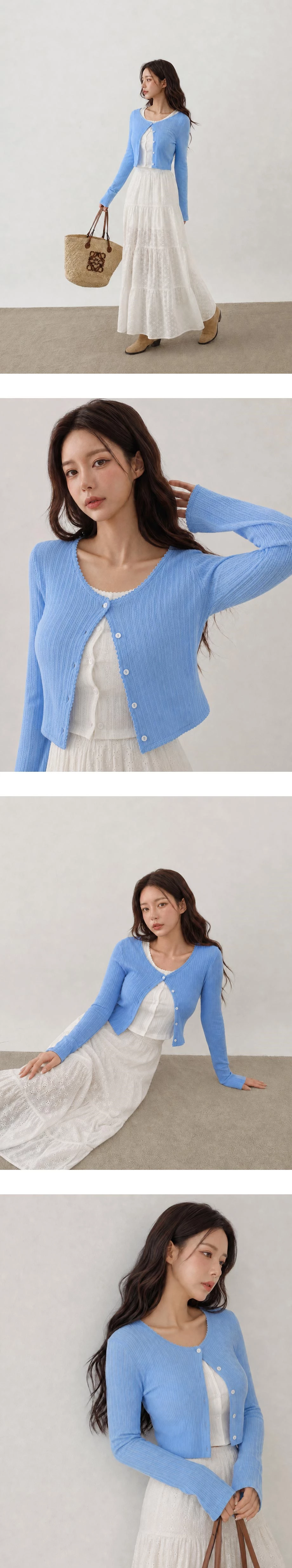 Scalloped Trim Button Up Pointelle Sheer Cardigan Scalloped Trim Button Up Pointelle Sheer Cardigan