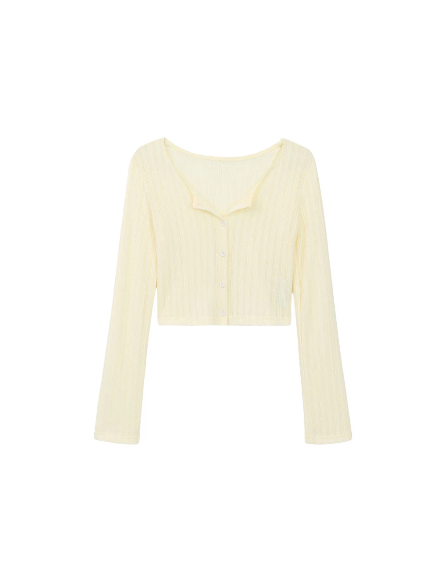 Scalloped Trim Button Up Pointelle Sheer Cardigan Scalloped Trim Button Up Pointelle Sheer Cardigan