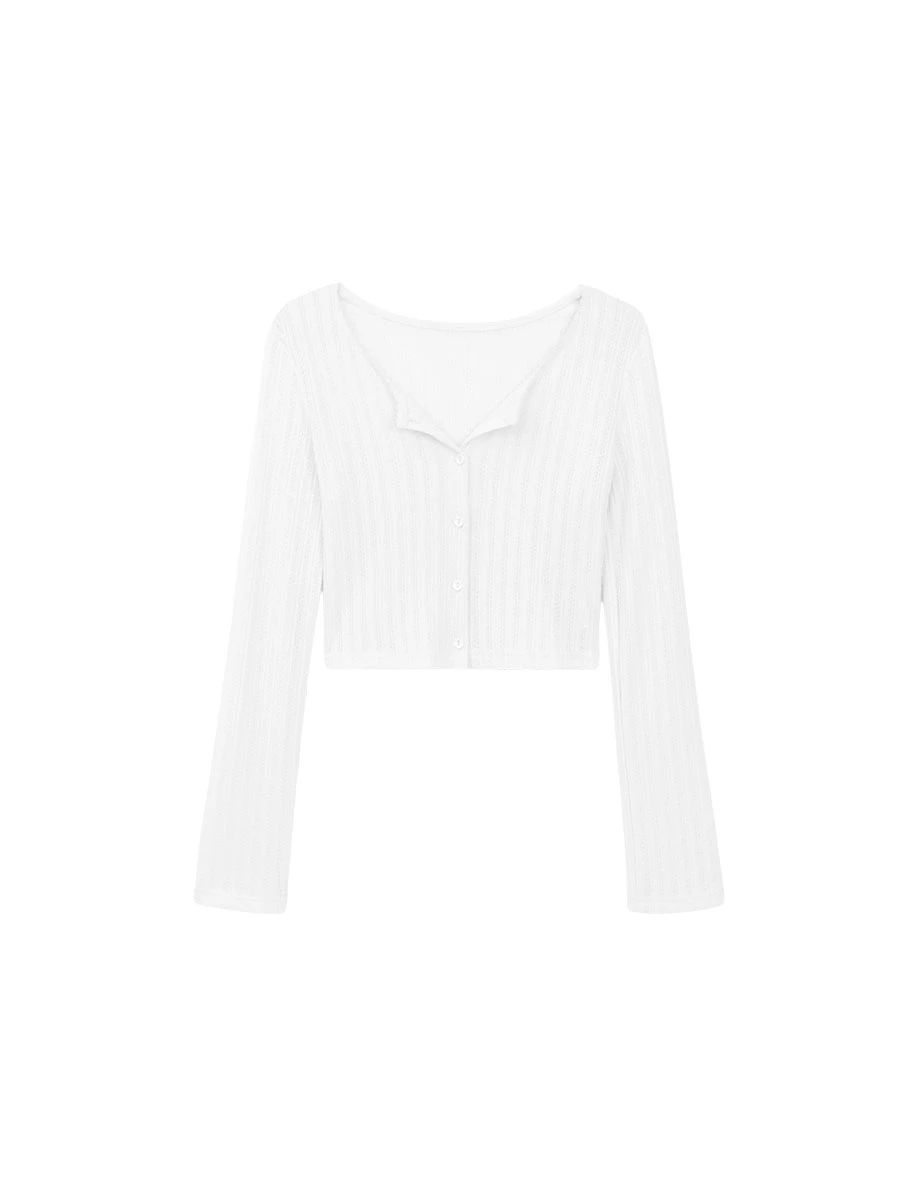 Scalloped Trim Button Up Pointelle Sheer Cardigan Scalloped Trim Button Up Pointelle Sheer Cardigan
