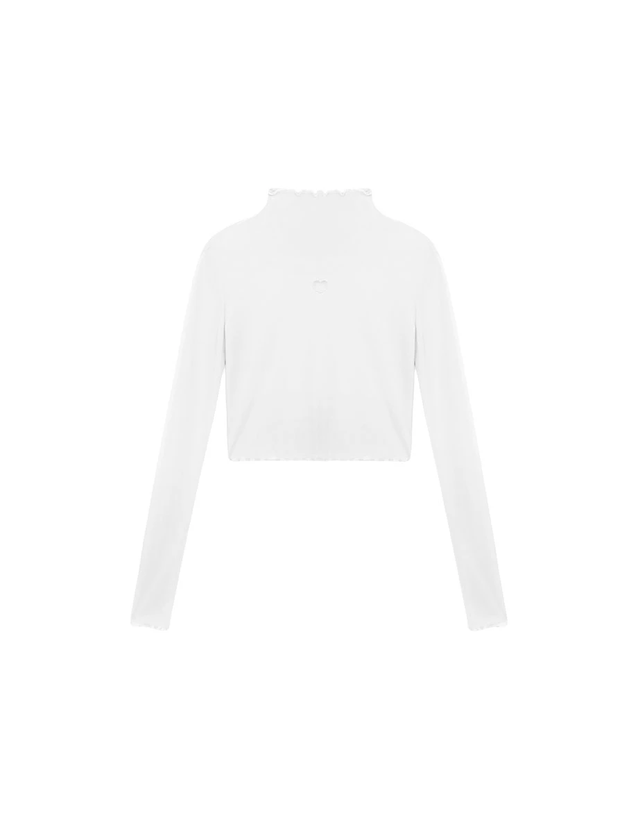 Heart Cut Out Sheer Mesh Ruffled Mock Neck Long Sleeve Top