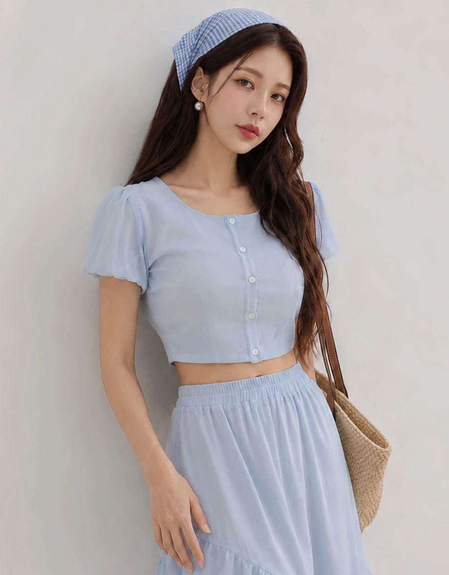 Round Neck Puff Sleeve Panelled Button Back Tie Crop Top Round Neck Puff Sleeve Panelled Button Back Tie Crop Top