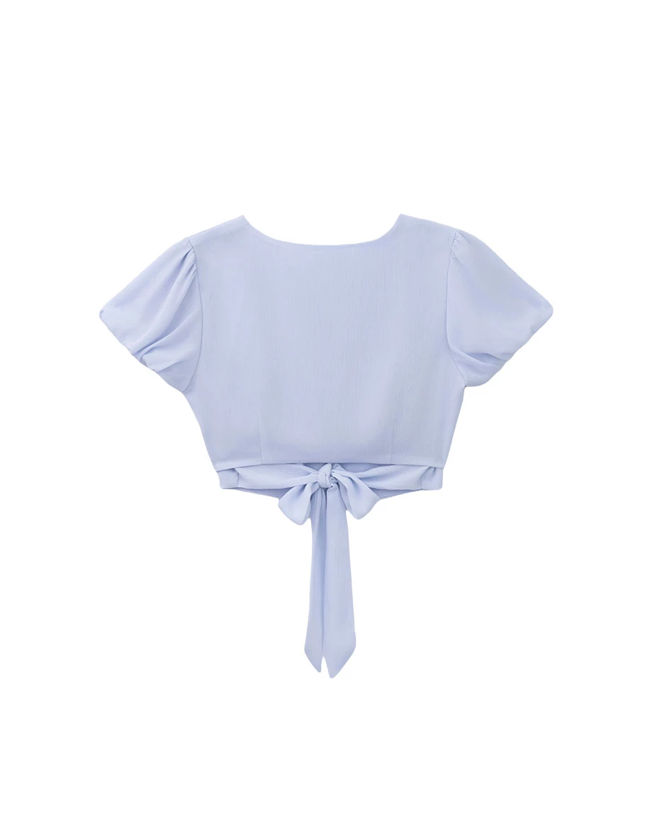 Round Neck Puff Sleeve Panelled Button Back Tie Crop Top Round Neck Puff Sleeve Panelled Button Back Tie Crop Top