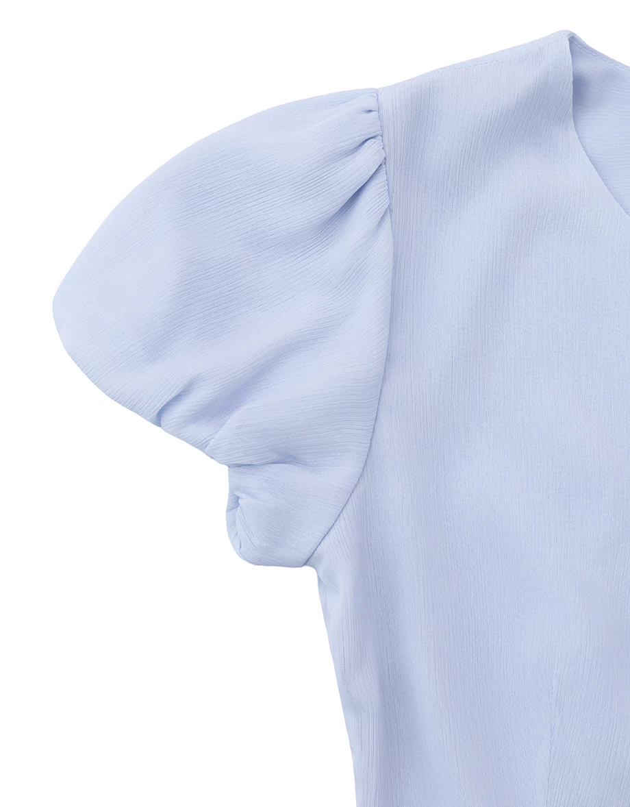 Round Neck Puff Sleeve Panelled Button Back Tie Crop Top Round Neck Puff Sleeve Panelled Button Back Tie Crop Top