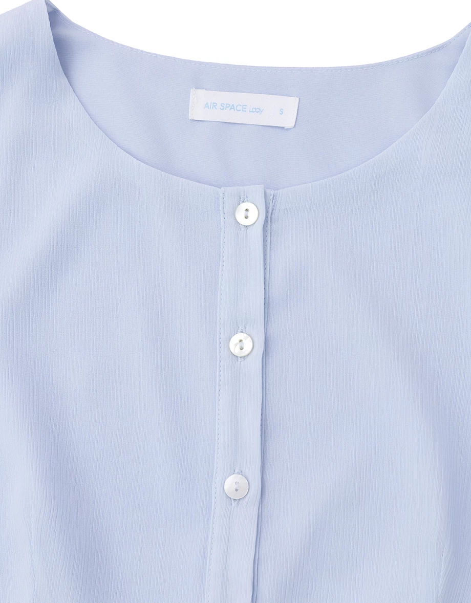 Round Neck Puff Sleeve Panelled Button Back Tie Crop Top Round Neck Puff Sleeve Panelled Button Back Tie Crop Top