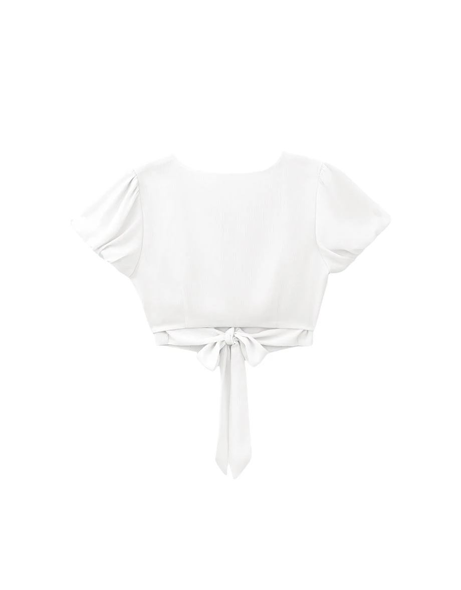 Round Neck Puff Sleeve Panelled Button Back Tie Crop Top Round Neck Puff Sleeve Panelled Button Back Tie Crop Top