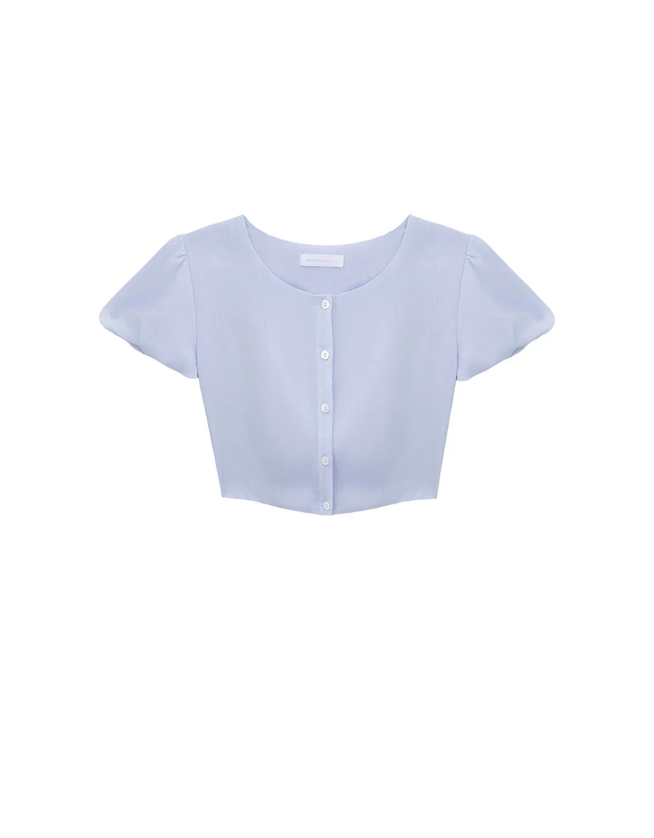 Round Neck Puff Sleeve Panelled Button Back Tie Crop Top Round Neck Puff Sleeve Panelled Button Back Tie Crop Top