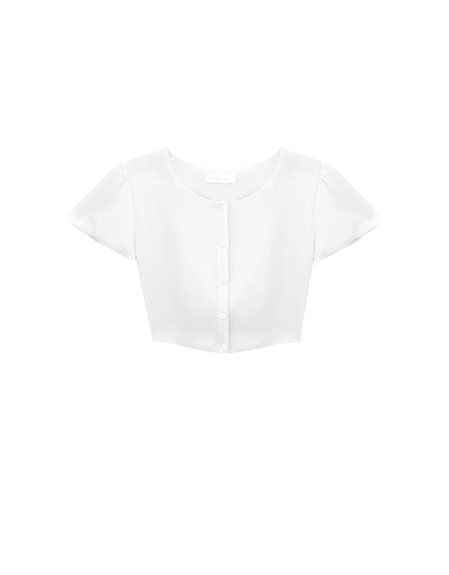 Round Neck Puff Sleeve Panelled Button Back Tie Crop Top Round Neck Puff Sleeve Panelled Button Back Tie Crop Top