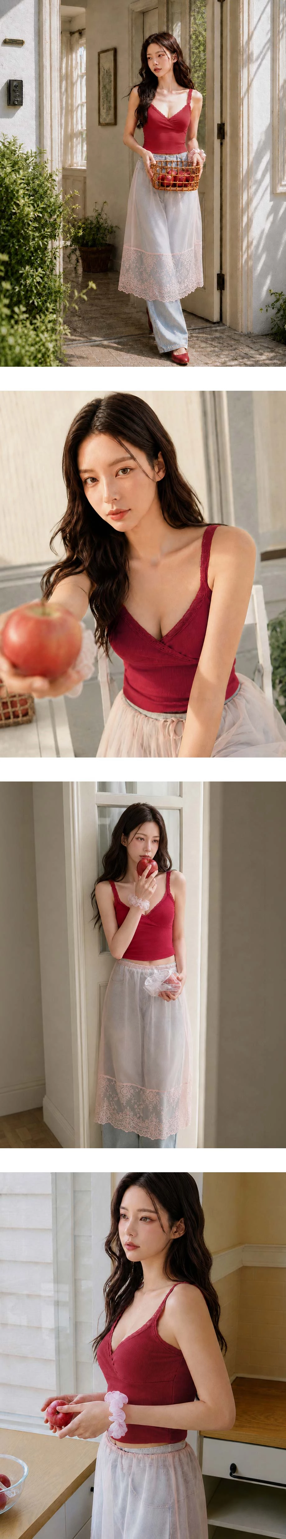 交叉V領蕾絲細肩帶短版羅紋背心