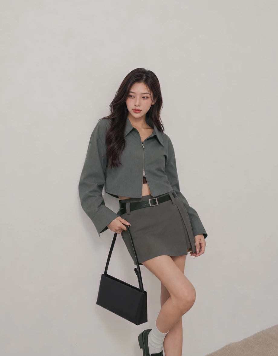 Point Collar Two Way Zip Curved Hem Crop Shirt Blouse Point Collar Two Way Zip Curved Hem Crop Shirt Blouse