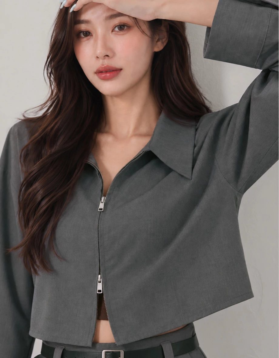 Point Collar Two Way Zip Curved Hem Crop Shirt Blouse Point Collar Two Way Zip Curved Hem Crop Shirt Blouse