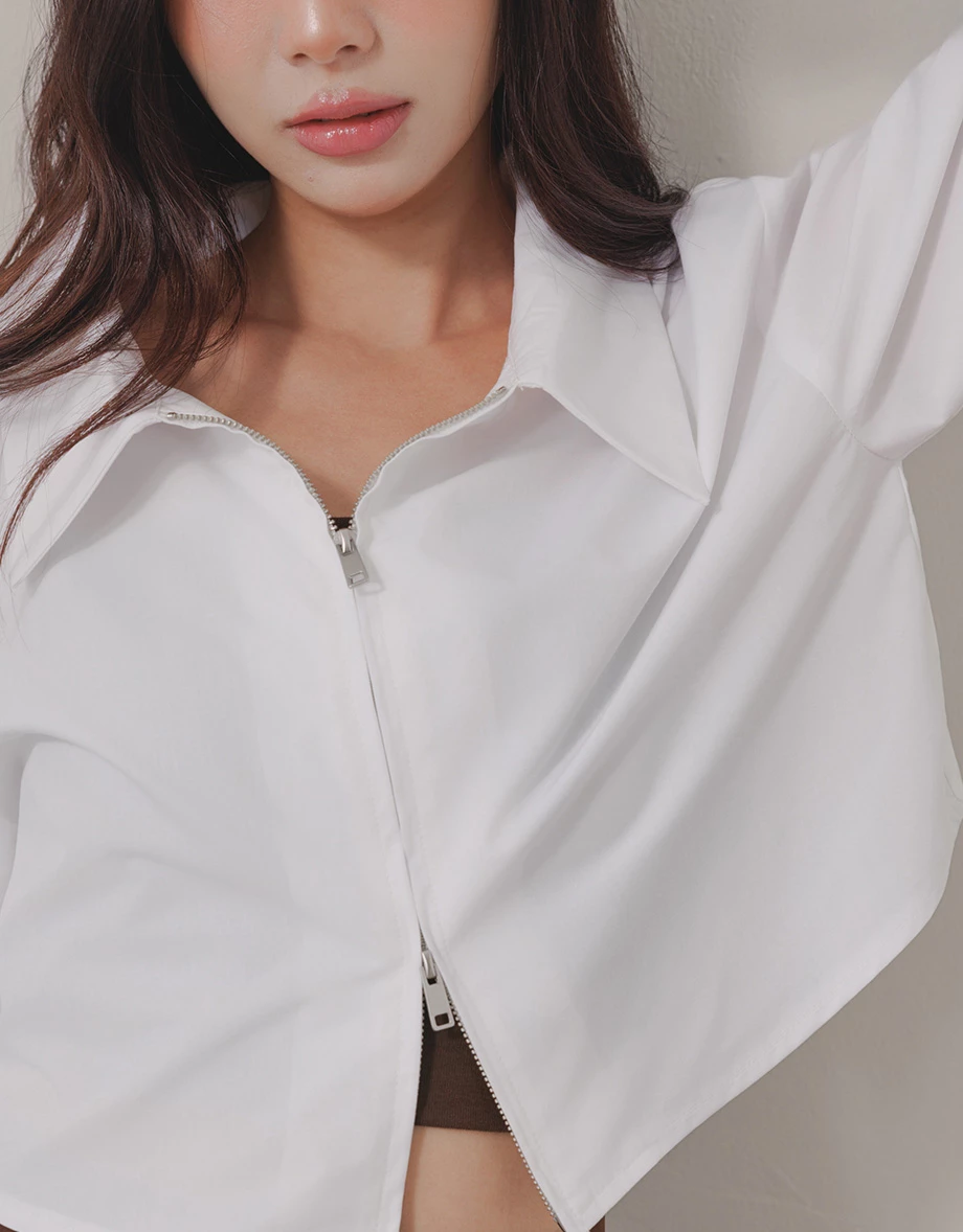 Point Collar Two Way Zip Curved Hem Crop Shirt Blouse Point Collar Two Way Zip Curved Hem Crop Shirt Blouse