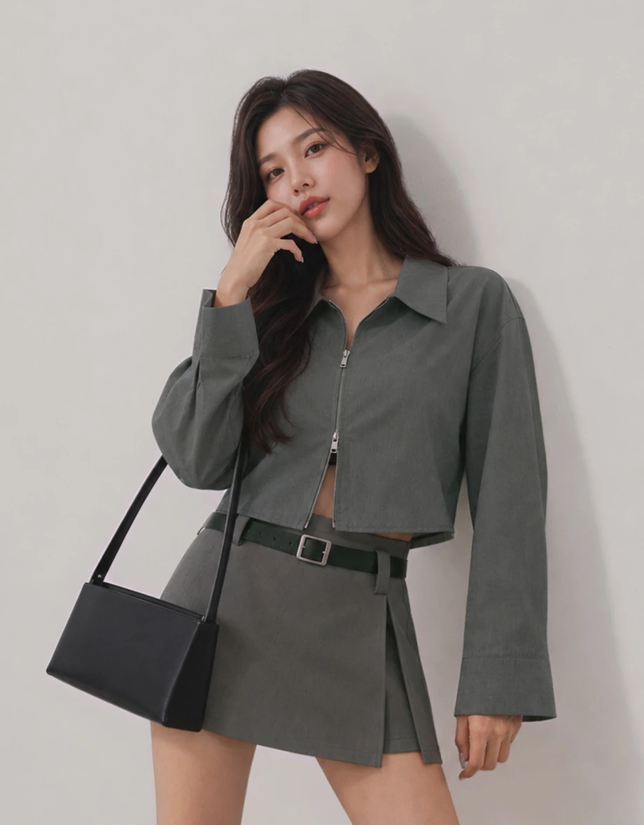Point Collar Two Way Zip Curved Hem Crop Shirt Blouse