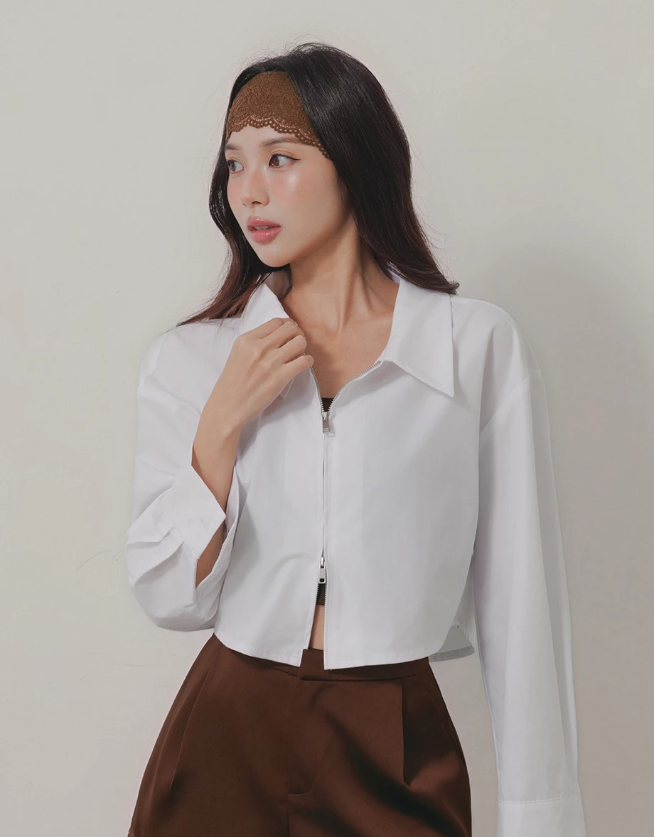 Point Collar Two Way Zip Curved Hem Crop Shirt Blouse