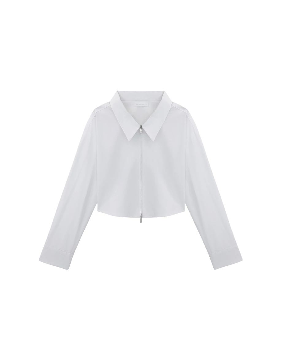 Point Collar Two Way Zip Curved Hem Crop Shirt Blouse Point Collar Two Way Zip Curved Hem Crop Shirt Blouse