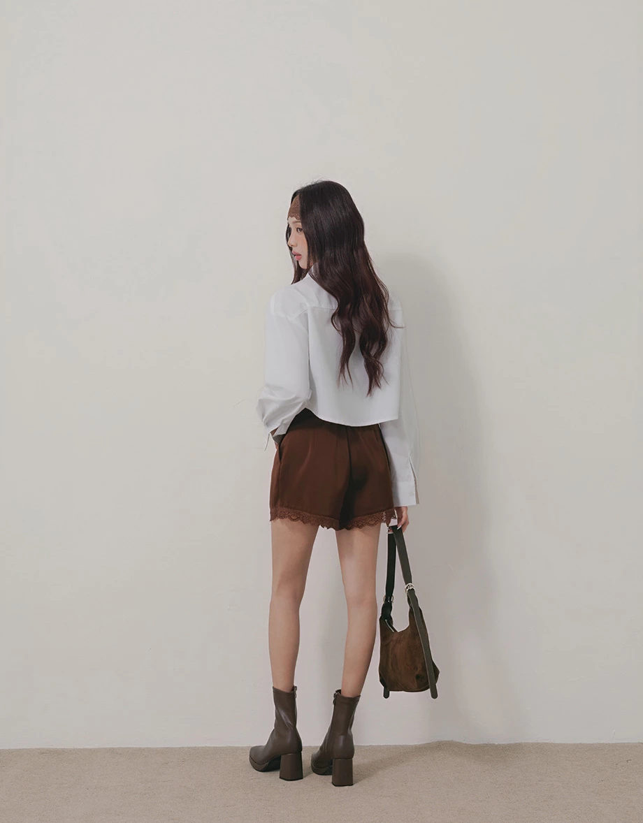 Point Collar Two Way Zip Curved Hem Crop Shirt Blouse Point Collar Two Way Zip Curved Hem Crop Shirt Blouse