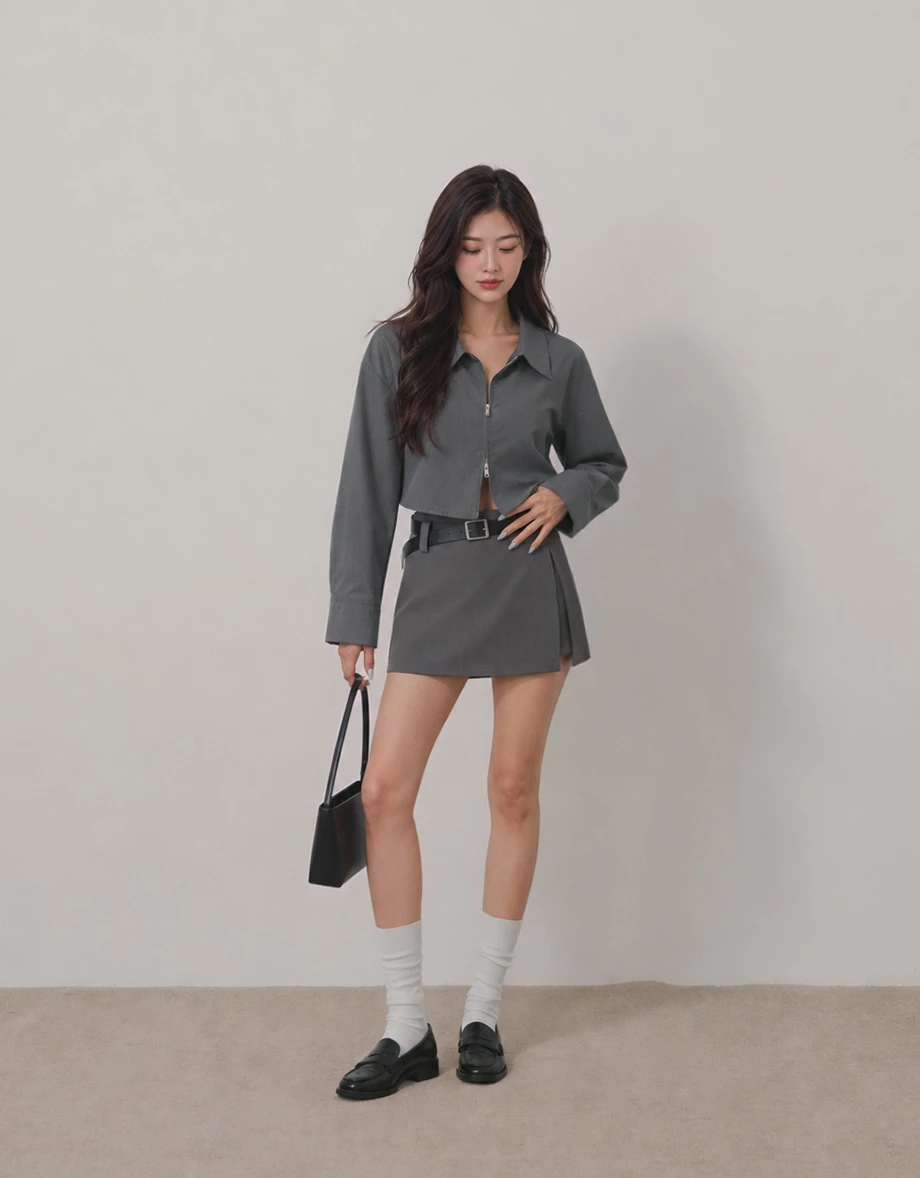 Point Collar Two Way Zip Curved Hem Crop Shirt Blouse Point Collar Two Way Zip Curved Hem Crop Shirt Blouse