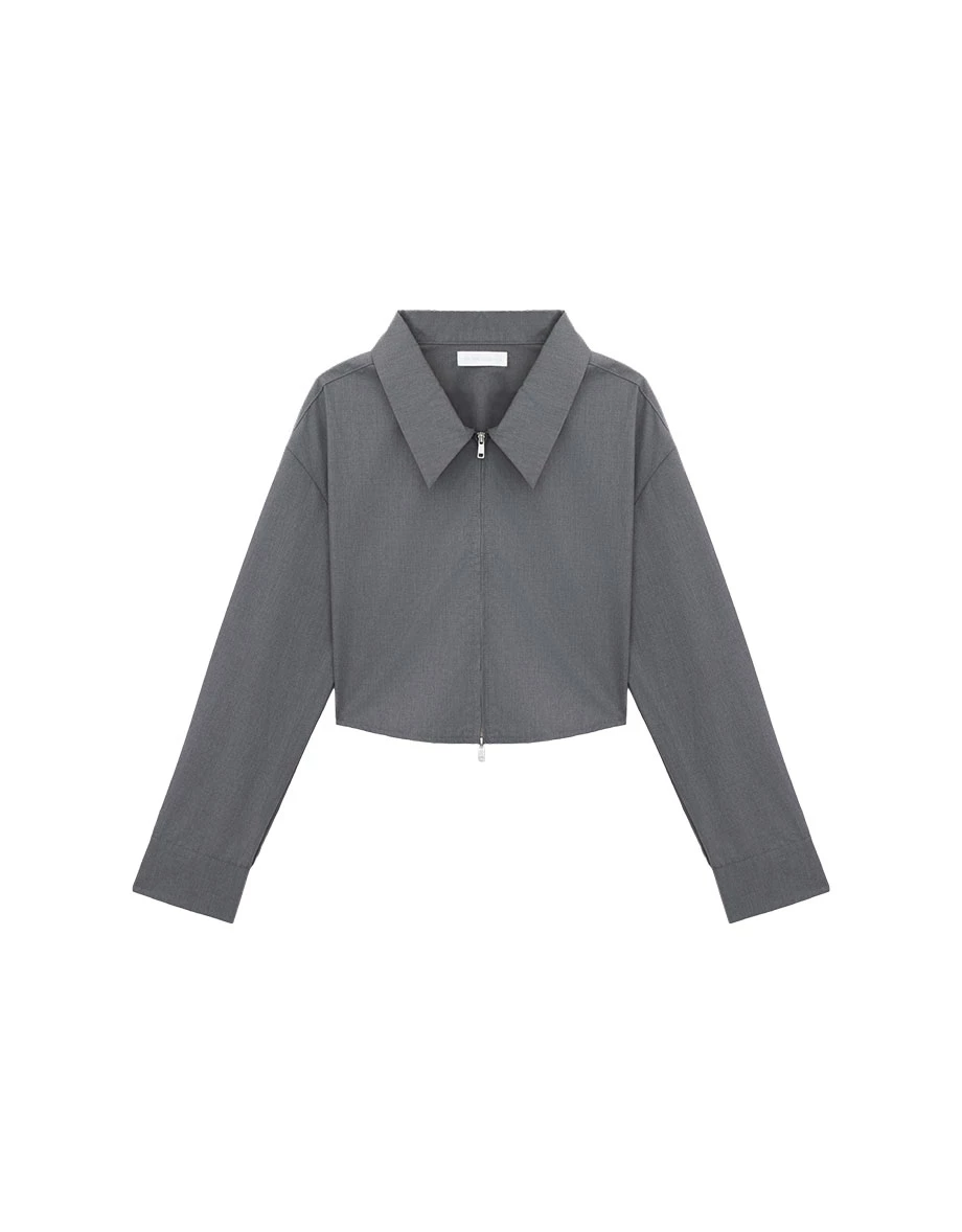Point Collar Two Way Zip Curved Hem Crop Shirt Blouse