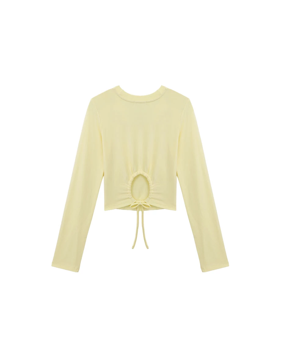 Crew Neck Back Cutout Drawstring Tie Long Sleeve Crop Top Crew Neck Back Cutout Drawstring Tie Long Sleeve Crop Top