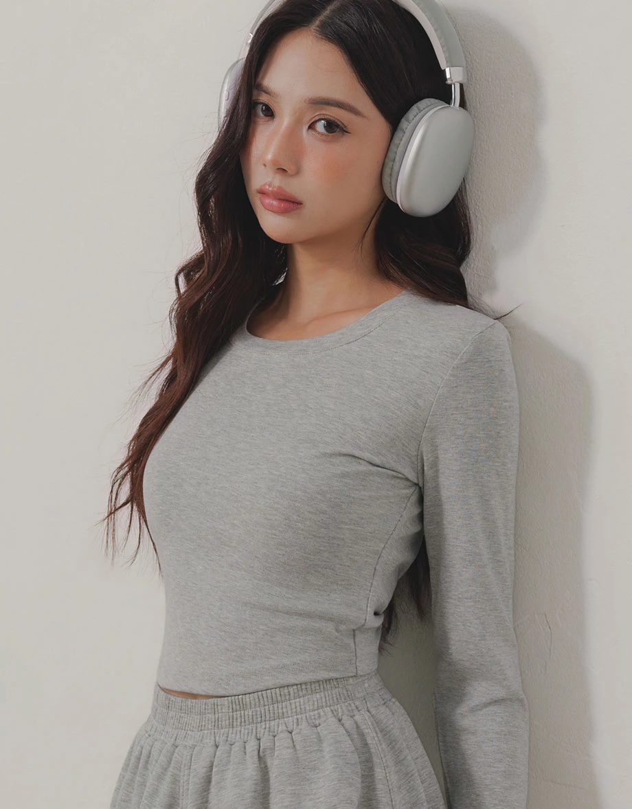 Crew Neck Back Cutout Drawstring Tie Long Sleeve Crop Top