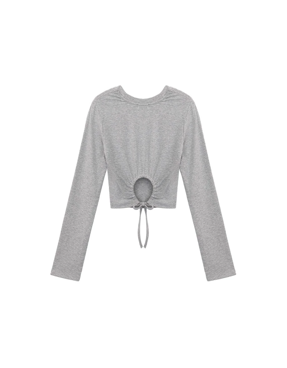 Crew Neck Back Cutout Drawstring Tie Long Sleeve Crop Top Crew Neck Back Cutout Drawstring Tie Long Sleeve Crop Top
