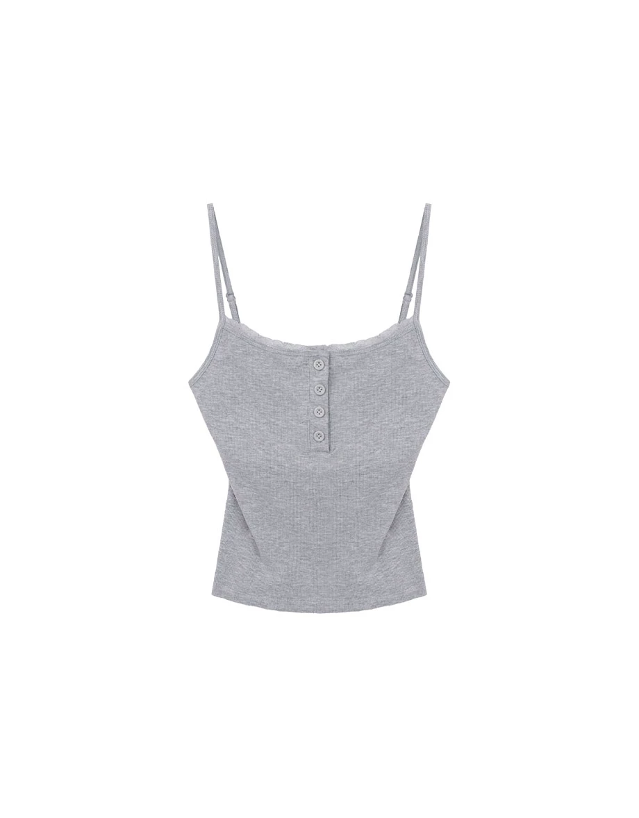 Lace Trim Henley Button Padded Camisole Top