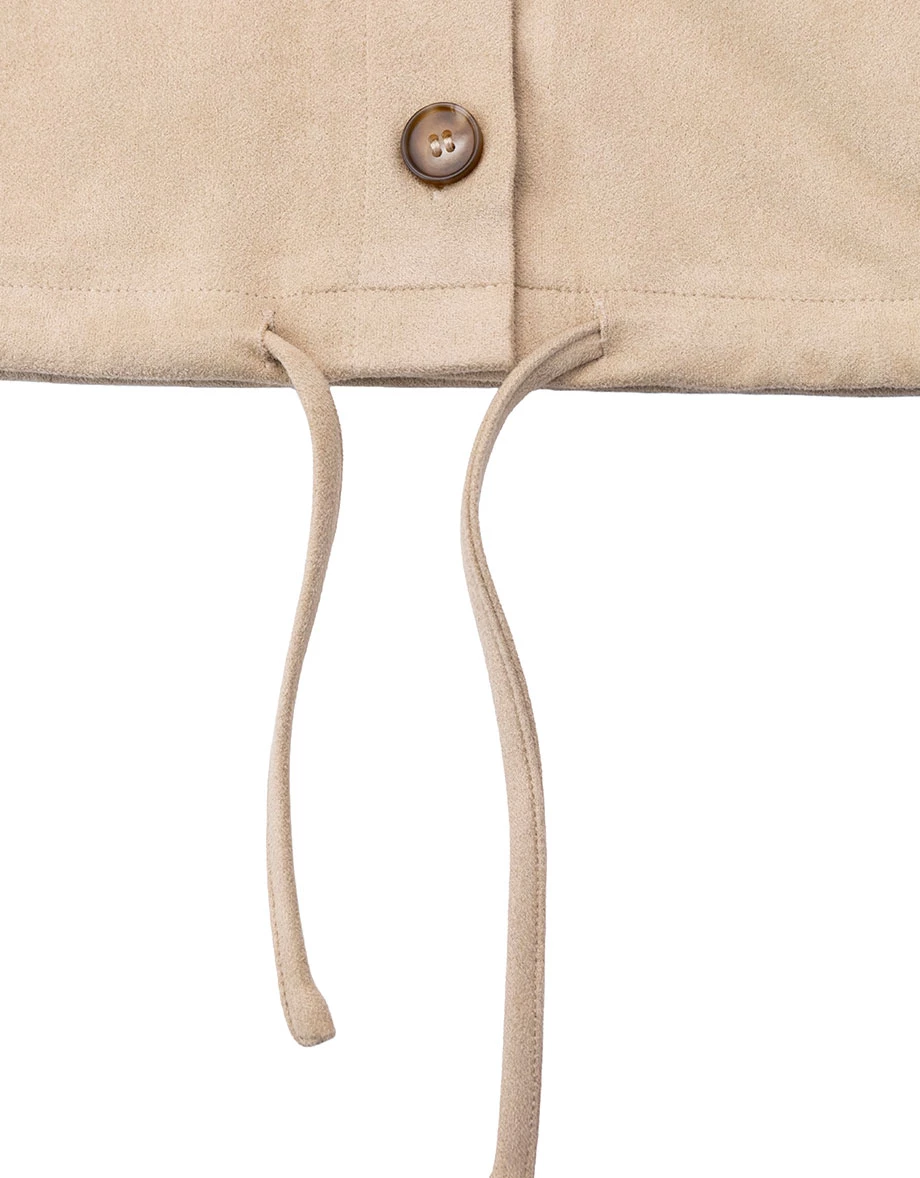 Collared Double Pocket Drawstring Hem Crop Shirt Blouse (Faux Leather / Faux Suede) Collared Double Pocket Drawstring Hem Crop Shirt Blouse (Faux Leather / Faux Suede)