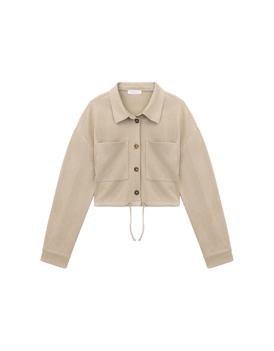 Collared Double Pocket Drawstring Hem Crop Shirt Blouse (Faux Leather / Faux Suede) Collared Double Pocket Drawstring Hem Crop Shirt Blouse (Faux Leather / Faux Suede)