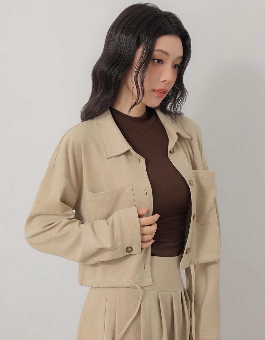Collared Double Pocket Drawstring Hem Crop Shirt Blouse (Faux Leather / Faux Suede) Collared Double Pocket Drawstring Hem Crop Shirt Blouse (Faux Leather / Faux Suede)