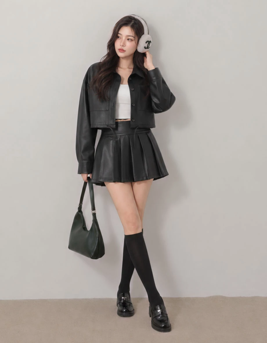 Collared Double Pocket Drawstring Hem Crop Shirt Blouse (Faux Leather / Faux Suede) Collared Double Pocket Drawstring Hem Crop Shirt Blouse (Faux Leather / Faux Suede)