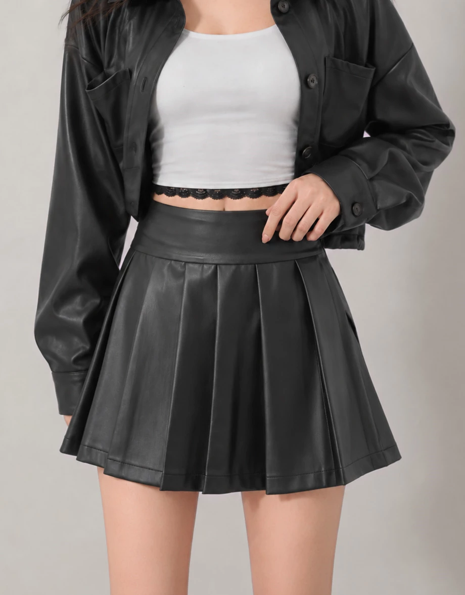 Collared Double Pocket Drawstring Hem Crop Shirt Blouse (Faux Leather / Faux Suede) Collared Double Pocket Drawstring Hem Crop Shirt Blouse (Faux Leather / Faux Suede)