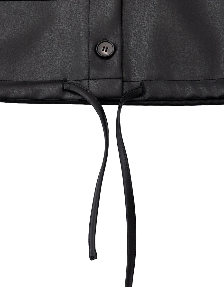 Collared Double Pocket Drawstring Hem Crop Shirt Blouse (Faux Leather / Faux Suede) Collared Double Pocket Drawstring Hem Crop Shirt Blouse (Faux Leather / Faux Suede)