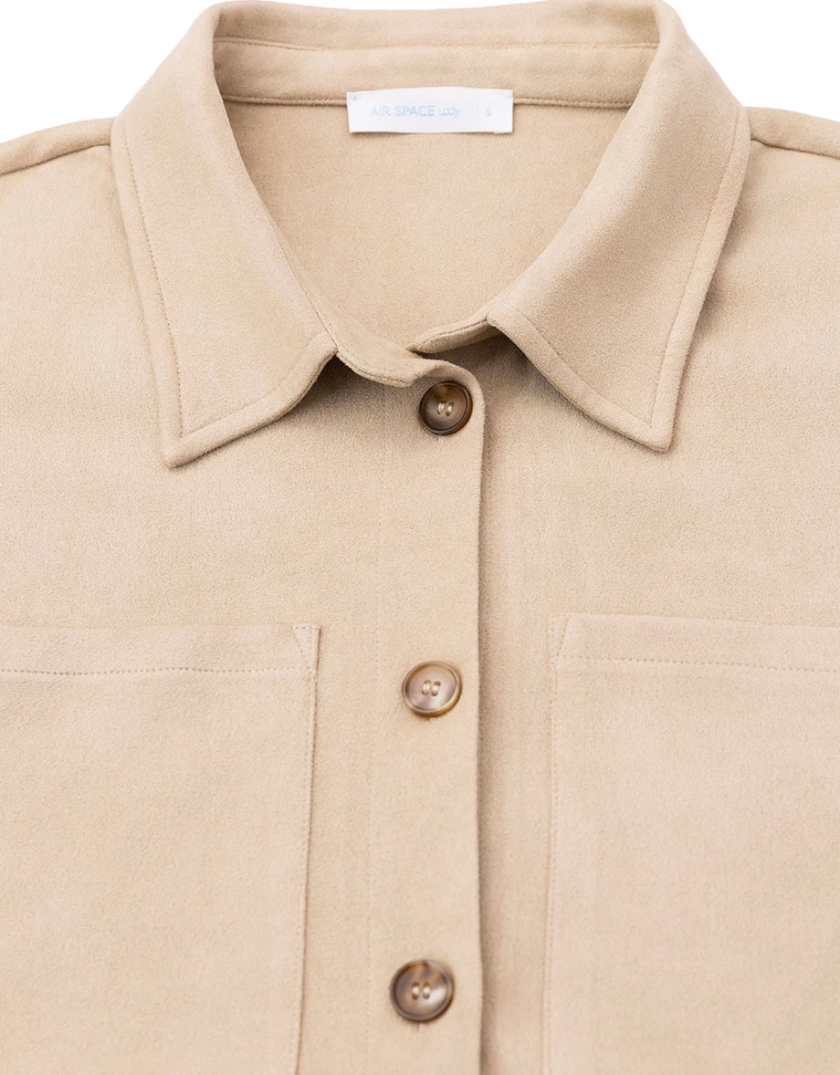 Collared Double Pocket Drawstring Hem Crop Shirt Blouse (Faux Leather / Faux Suede) Collared Double Pocket Drawstring Hem Crop Shirt Blouse (Faux Leather / Faux Suede)
