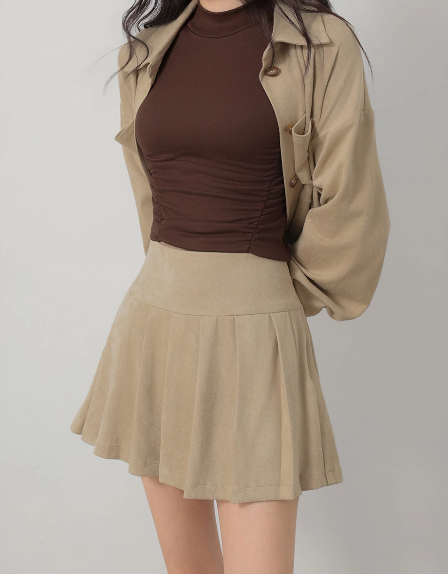 Collared Double Pocket Drawstring Hem Crop Shirt Blouse (Faux Leather / Faux Suede) Collared Double Pocket Drawstring Hem Crop Shirt Blouse (Faux Leather / Faux Suede)
