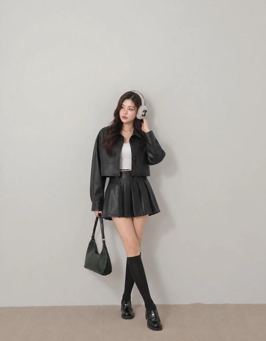 Collared Double Pocket Drawstring Hem Crop Shirt Blouse (Faux Leather / Faux Suede) Collared Double Pocket Drawstring Hem Crop Shirt Blouse (Faux Leather / Faux Suede)