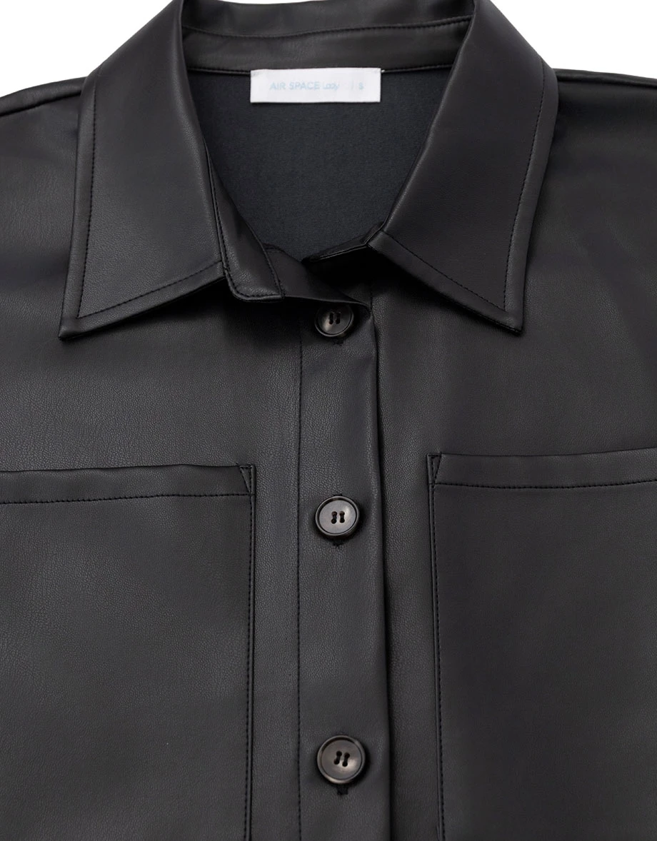 Collared Double Pocket Drawstring Hem Crop Shirt Blouse (Faux Leather / Faux Suede) Collared Double Pocket Drawstring Hem Crop Shirt Blouse (Faux Leather / Faux Suede)