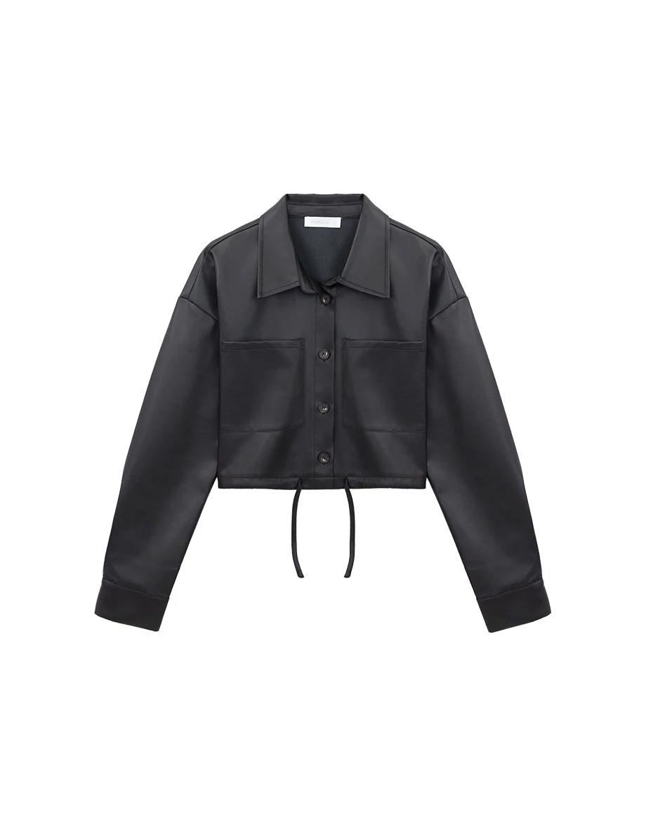 Collared Double Pocket Drawstring Hem Crop Shirt Blouse (Faux Leather / Faux Suede) Collared Double Pocket Drawstring Hem Crop Shirt Blouse (Faux Leather / Faux Suede)