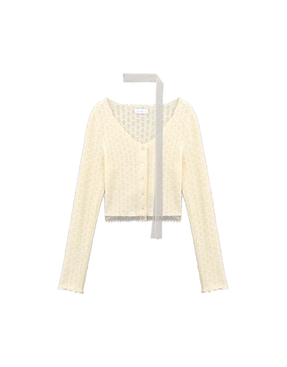 Lace Trim Pearl Button Pointelle Knit Crop Cardigan (with Detachable Lace Scarf) Lace Trim Pearl Button Pointelle Knit Crop Cardigan (with Detachable Lace Scarf)