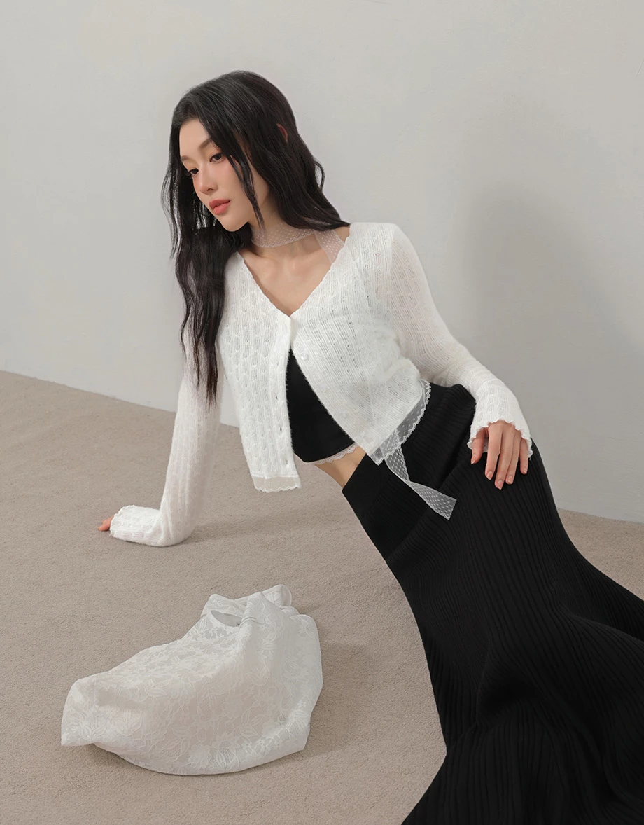 V領排扣蕾絲下擺長袖短版木耳邊針織開襟衫(附蕾絲領巾) V領排扣蕾絲下擺長袖短版木耳邊針織開襟衫(附蕾絲領巾)