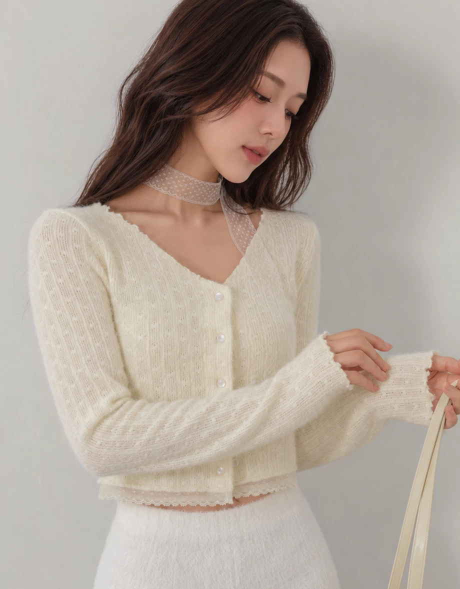 Lace Trim Pearl Button Pointelle Knit Crop Cardigan (with Detachable Lace Scarf)
