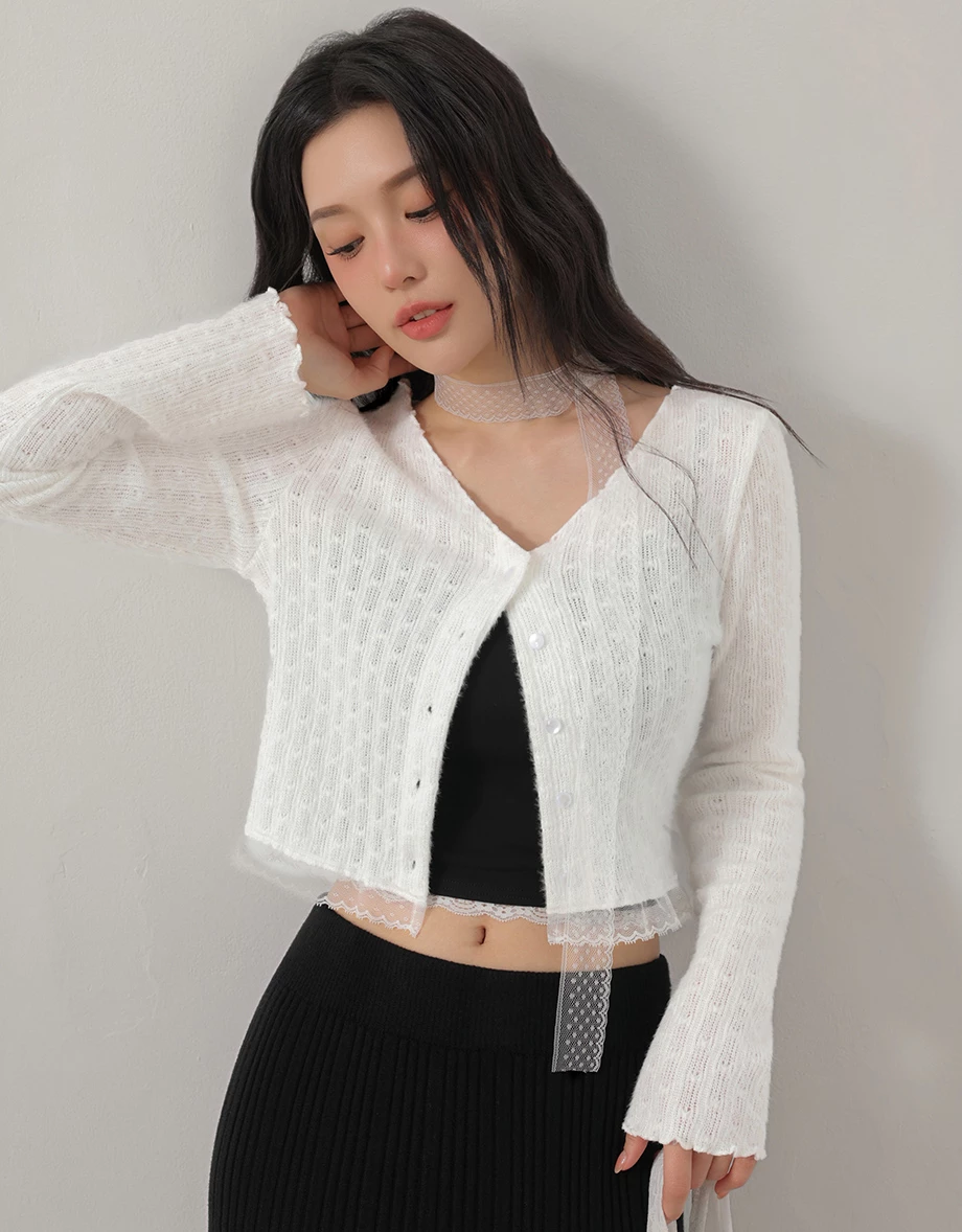 Lace Trim Pearl Button Pointelle Knit Crop Cardigan (with Detachable Lace Scarf) Lace Trim Pearl Button Pointelle Knit Crop Cardigan (with Detachable Lace Scarf)
