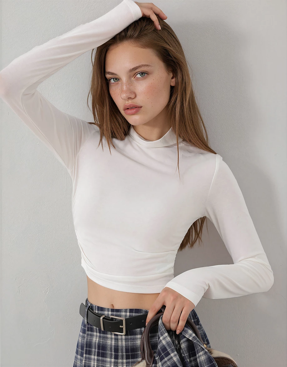 High Neck Side Ruched Fitted Long Sleeve Crop Top