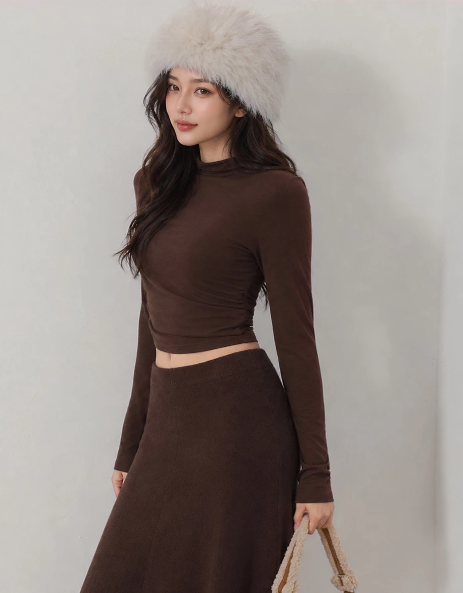 High Neck Side Ruched Fitted Long Sleeve Crop Top